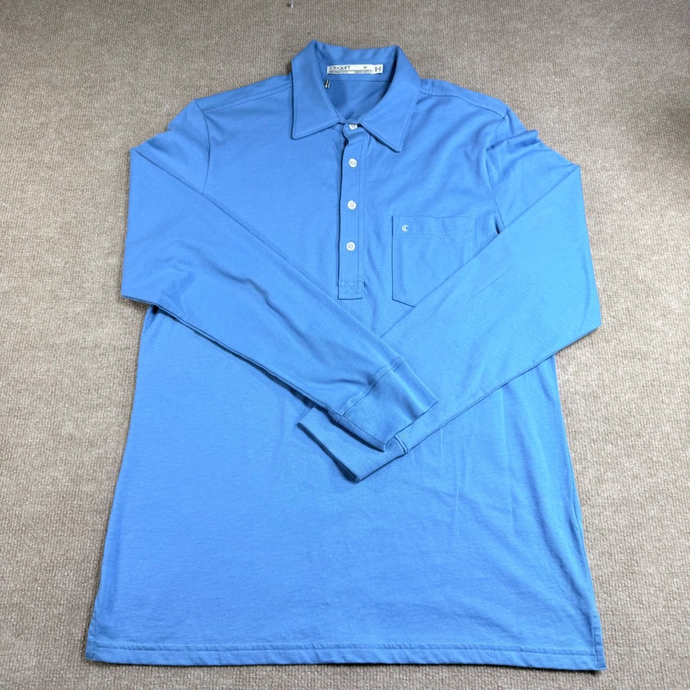 Criquet Mens Players Polo Shirt Long Sleeve Organic Cotton Blue Size M